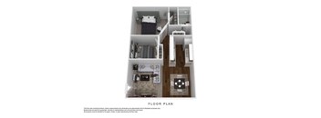 A floor plan of a small apartment with a kitchen, living room, and bathroom.