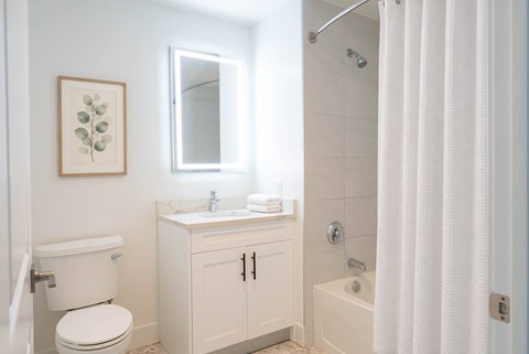 A white bathroom with a toilet, sink, and shower.