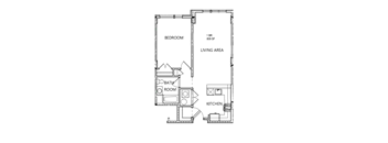 A floor plan of a small apartment with a bedroom, bathroom, living area, kitchen, and a separate room that could be a dining room or study.