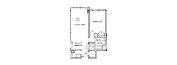 A floor plan of a small apartment with a living area, kitchen, and bathroom.
