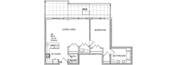 A floor plan of a house with a living area, kitchen, two bathrooms, a bedroom and a deck.