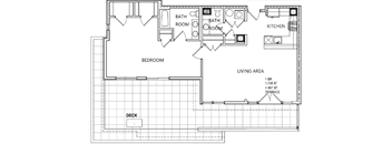 A floor plan of a house with a living area, bedroom, bathroom, kitchen, and deck.