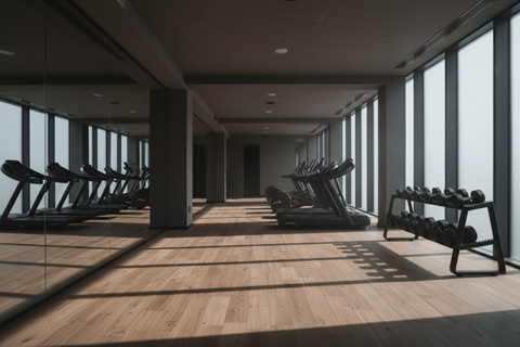 A gym with treadmills, weights, and mirrors.