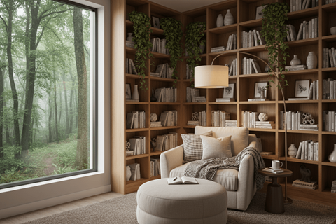 A cozy living room with a large window overlooking a forest.