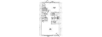 A floor plan of a house with a bedroom, bathroom, kitchen, and living room.