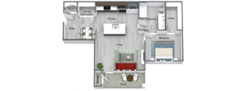 A floor plan of a house with a kitchen, living room, and bathroom.