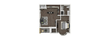 A top-down view of a small apartment layout with a kitchen, living room, and bedroom.