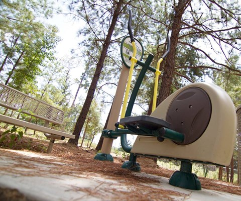 A playground seesaw in a park with trees in the background.