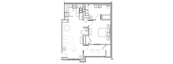 A floor plan of a house with a kitchen, living room, and bathroom.