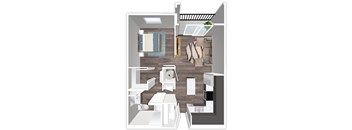 A top-down view of a small apartment with a kitchen, living room, and bathroom.