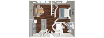 A floor plan of a house with a kitchen, living room, and bathroom.