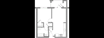 A floor plan of a house with a kitchen, living room, and bathroom.