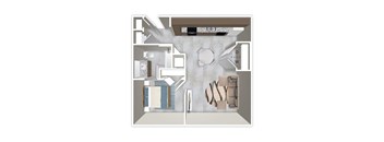 A floor plan of a house with a living room, kitchen, and bathroom.