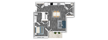 A floor plan of a house with a kitchen, living room, and bathroom.