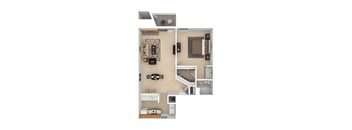 A 3D floor plan of a small apartment with a kitchen, living room, and bathroom.