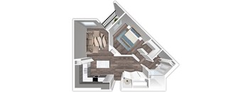 A 3D floor plan of a house with a living room, kitchen, and bathroom.