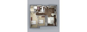 A 3D floor plan of a house with two bedrooms and a living area.