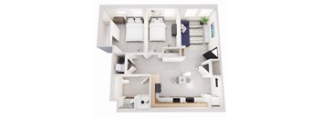 A top view of a small apartment with two beds, a kitchen, and a bathroom.