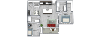 A floor plan of a house with a kitchen, living room, and two bedrooms.