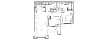 A floor plan of a house with a kitchen, living room, and two bedrooms.