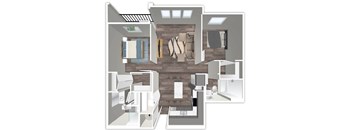 A 3D floor plan of a house with a kitchen, living room, and bathroom.