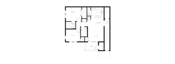 A black and white floor plan of a house with a kitchen, living room, bedrooms, and bathrooms.