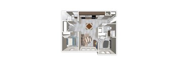 A floor plan of a house with a kitchen, living room, and bathroom.