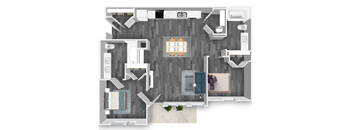 A top-down view of a house layout with a kitchen, living room, and bathroom.