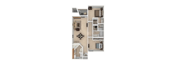 A detailed 3D floor plan of a small apartment layout.