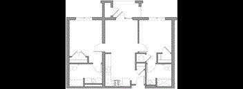 A floor plan of a house with a kitchen, living room, and two bedrooms.