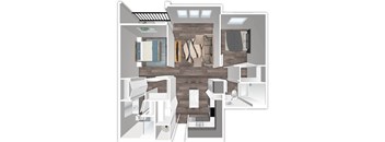 A 3D floor plan of a house with a kitchen, living room, and bathroom.