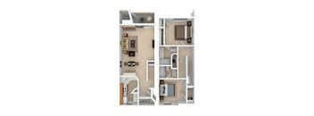 A detailed 3D floor plan of a small apartment.
