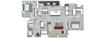 A floor plan of a house with a living room, two kitchens, a dining room, and a garage.