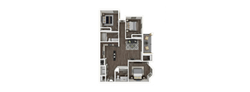 A 3D rendered image of a house layout with a kitchen, living room, and two bedrooms.