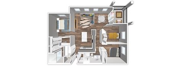 A floor plan of a house with a kitchen, living room, and bathroom.