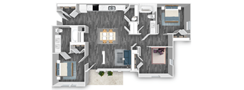 A floor plan of a house with a kitchen, living room, dining room, and bathroom.