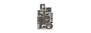A 3D floor plan of a house with multiple rooms and furniture.