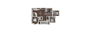 A 3D rendered image of a house layout.