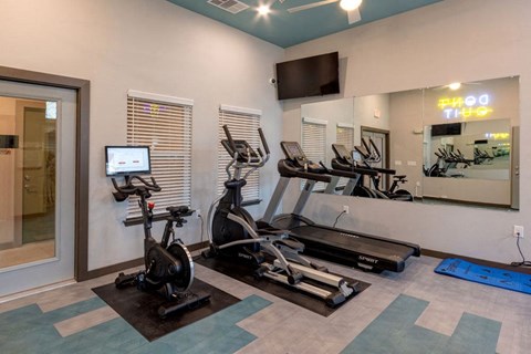 A gym room with a treadmill, a stationary bike, and a mirror.