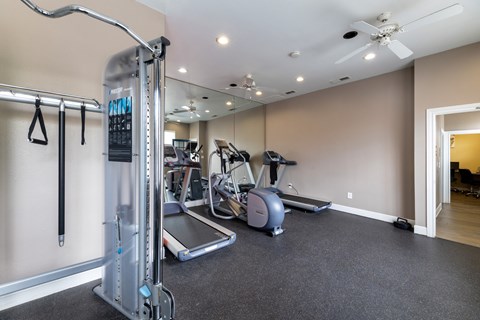 A gym with a treadmill, elliptical machines, and other exercise equipment.