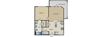 A floor plan of a house with a bedroom, living room, kitchen, and bathroom.