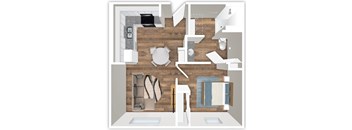 A floor plan of a house with a kitchen, living room, and bathroom.