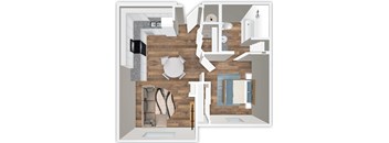 A floor plan of a house with a kitchen, living room, and bathroom.