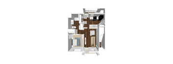 A 3D rendered image of a house layout.