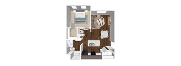 A top down view of a bedroom with a bed, dresser, and mirror.
