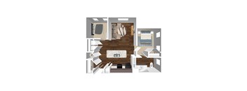 A 3D floor plan of a house with a kitchen, living room, and bedrooms.