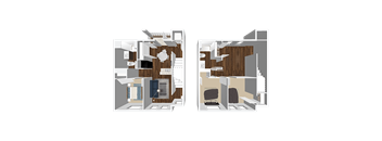 Two floor plans of a house with a kitchen, living room, and bedrooms.