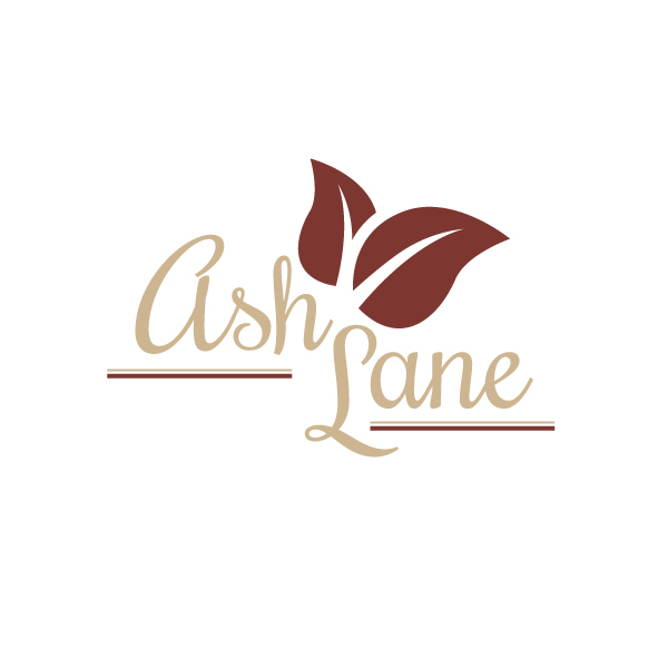 The image is a logo for "Ash Lane" with a leaf design.