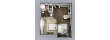 A top down view of a small apartment with a bedroom, living room, and kitchen.