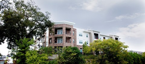 A large building with a lot of windows is surrounded by trees.